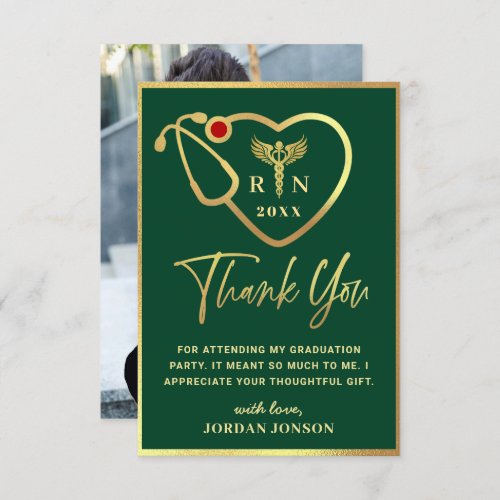 Gold Green Modern Nursing School Graduation Thank You Card