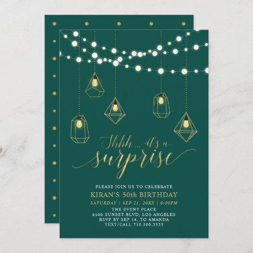 Gold  Green Modern Surprise 50th Birthday Party Invitation