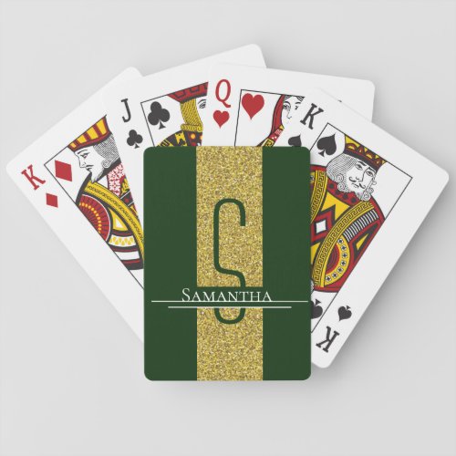 Gold Green Monogram Glitter Poker Cards