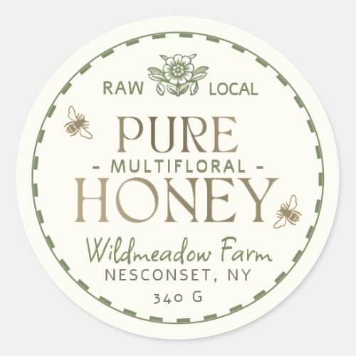 Gold Green Multifloral Raw Local Honey Bee Flower Classic Round Sticker
