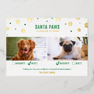 Gold & Green Naughty or Nice Two Dog Photo Foil Holiday Card
