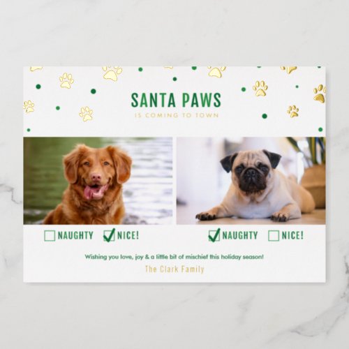 Gold  Green Naughty or Nice Two Dog Photo Foil Holiday Card