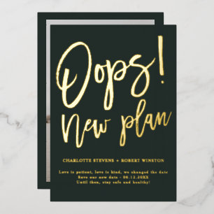 Gold green new plan wedding change the date foil invitation