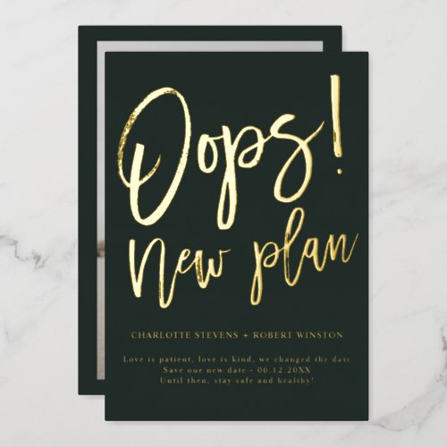 Gold green new plan wedding change the date foil invitation