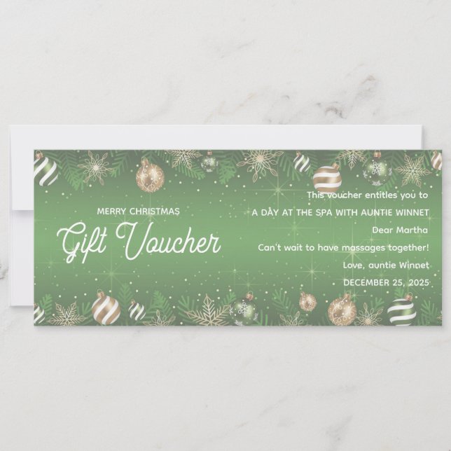 Gold & Green Ornament Christmas Gift Voucher (Front)