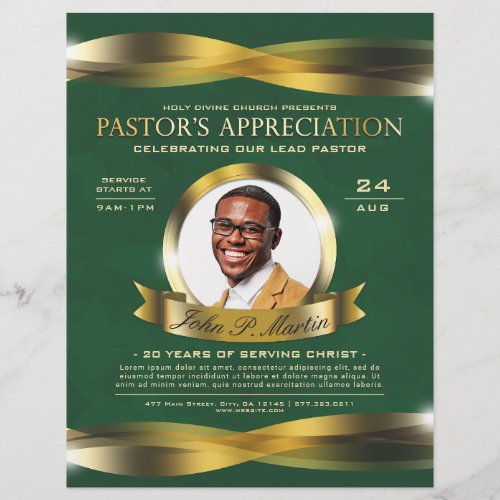 Gold  Green Pastors Appreciation Church Service  Flyer