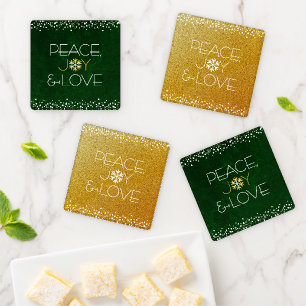 Gold Green Peace Joy Love Snowflake Typography Coaster Set
