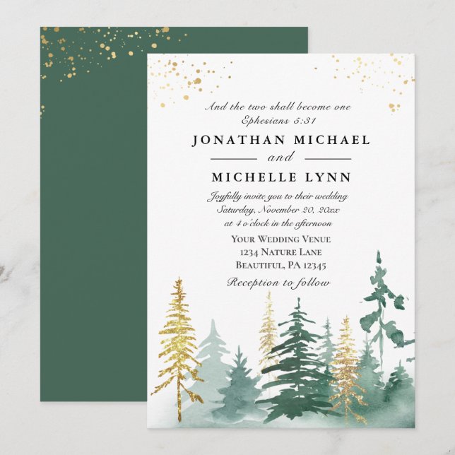 Gold Green Pine Forest Trees Christian Wedding Invitation (Front/Back)