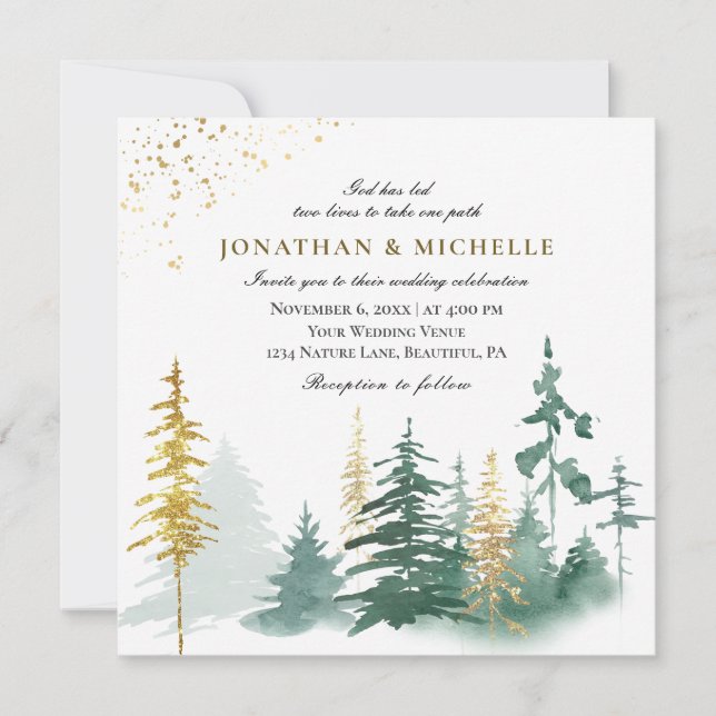 Gold Green Pine Trees Forest Christian Wedding Invitation (Front)
