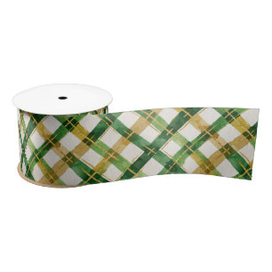 Gold Green Plaid Christmas Satin Ribbon