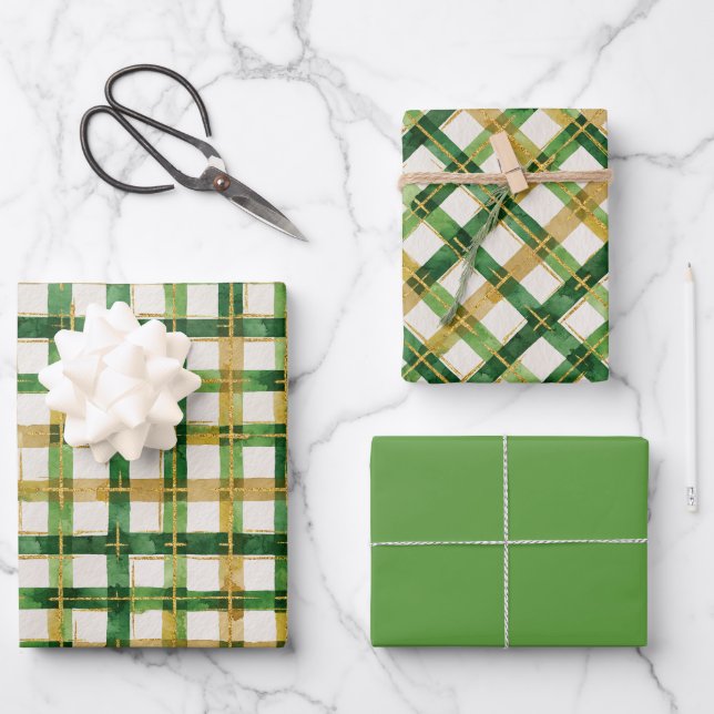  Gold Green Plaid Christmas  Wrapping Paper Sheets (Front)