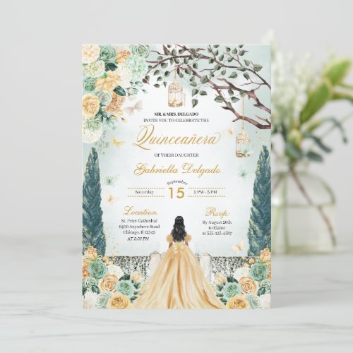 Gold Green Princess Enchanted Garden Quinceanera Invitation