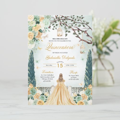 Gold Green Princess Enchanted Garden Quinceanera Invitation