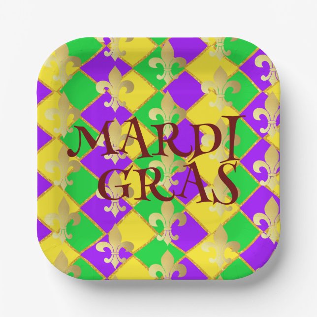 Gold Green Purple Mardi Gras Harlequin Pattern  Paper Plates (Front)