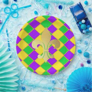 Gold Green Purple Mardi Gras Harlequin Pattern    Paper Plates