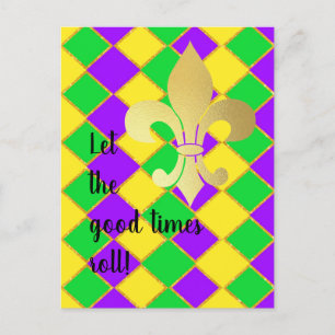 Gold Green Purple Mardi Gras Harlequin Pattern Postcard