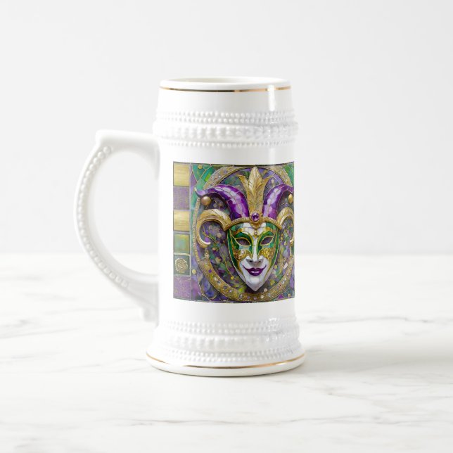 Gold Green Purple Mardi Gras Jester Mask Beer Stein (Left)