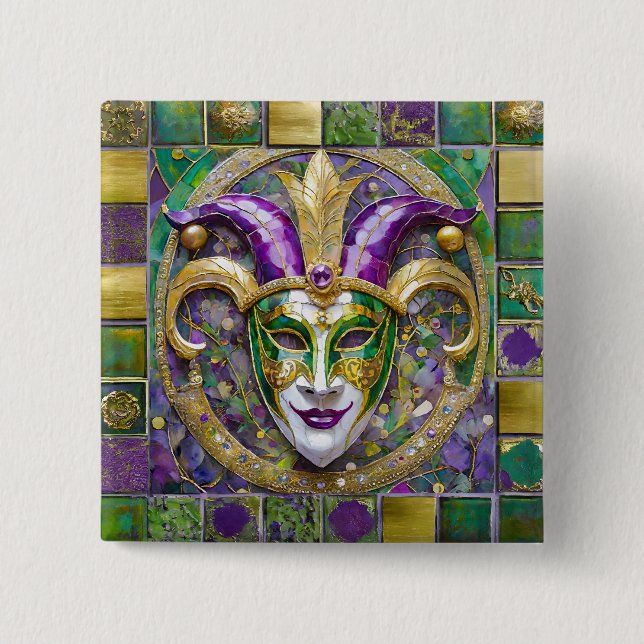 Gold Green Purple Mardi Gras Jester Mask Button (Front)