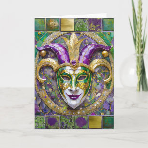Gold Green Purple Mardi Gras Jester Mask Card