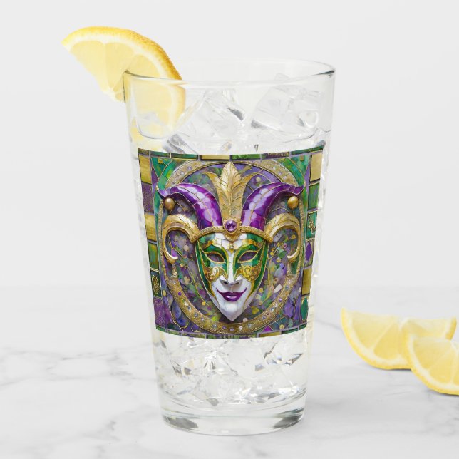 Gold Green Purple Mardi Gras Jester Mask Glass (Front Ice)