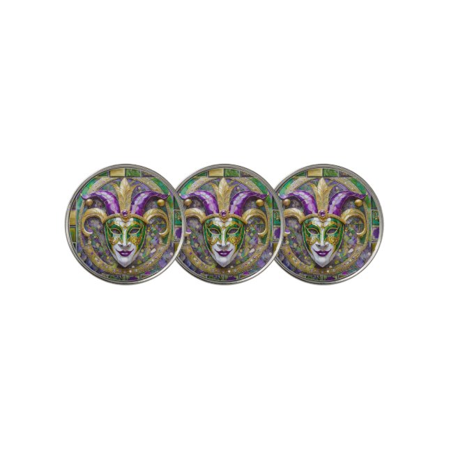 Gold Green Purple Mardi Gras Jester Mask Golf Ball Marker (3 Up)