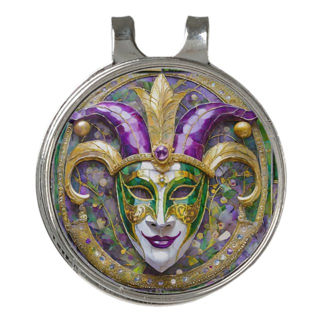 Gold Green Purple Mardi Gras Jester Mask Golf Hat Clip (Front)