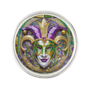 Gold Green Purple Mardi Gras Jester Mask Lapel Pin