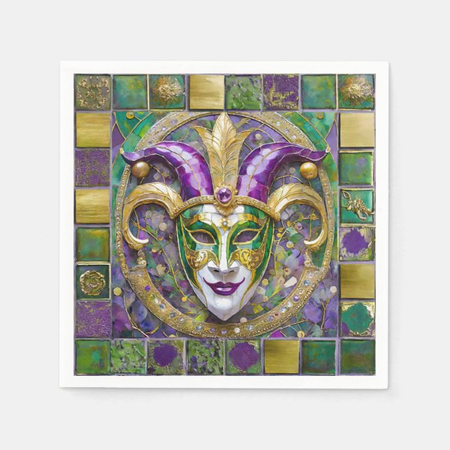 Gold Green Purple Mardi Gras Jester Mask Napkins (Front)
