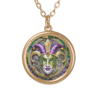 Gold Green Purple Mardi Gras Jester Mask Plated Necklace