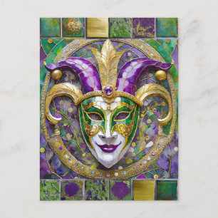 Gold Green Purple Mardi Gras Jester Mask Postcard