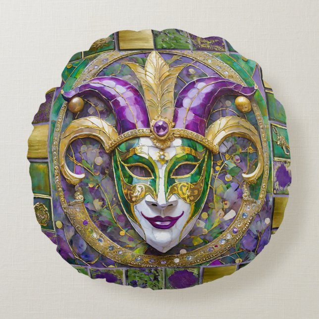 Gold Green Purple Mardi Gras Jester Mask Round Pillow (Front)