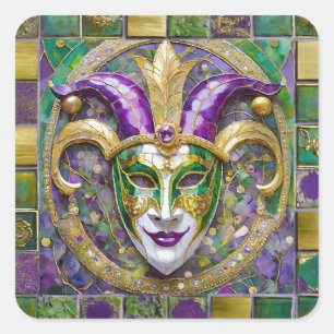 Gold Green Purple Mardi Gras Jester Mask Square Sticker