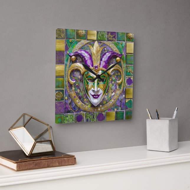 Gold Green Purple Mardi Gras Jester Mask Square Wall Clock (Office)
