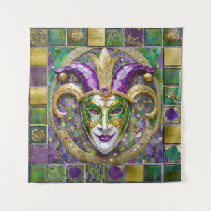 Gold Green Purple Mardi Gras Jester Mask Tapestry