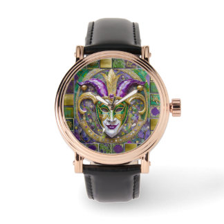Gold Green Purple Mardi Gras Jester Mask Watch