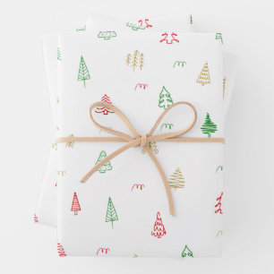 Gold Green Red Christmas Trees Pattern Wrapping Paper Sheets