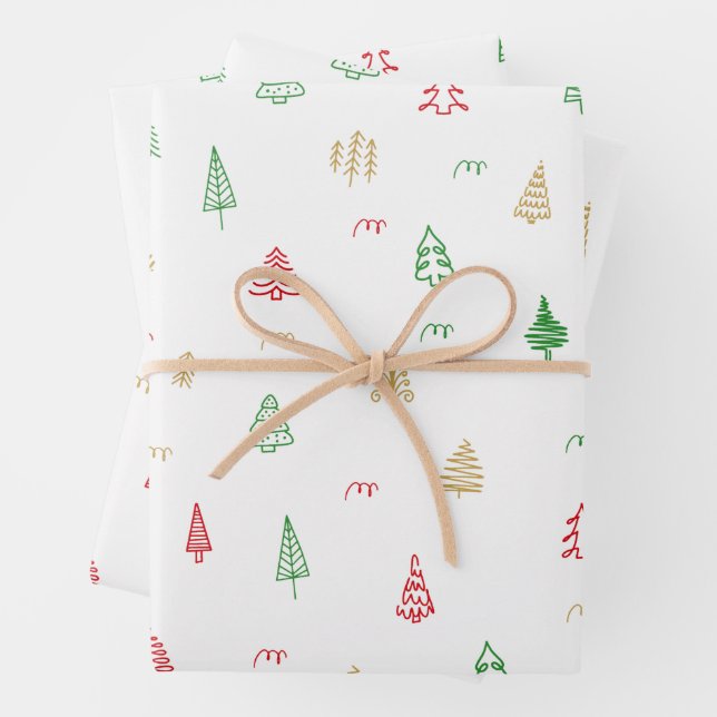 Gold Green Red Christmas Trees Pattern Wrapping Paper Sheets (In situ)