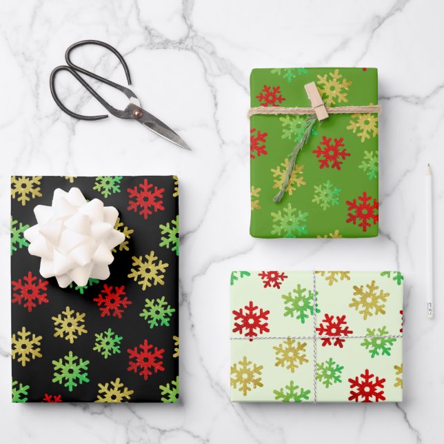 Gold Green Red Glitter Snowflakes Christmas  Wrapping Paper Sheets (Front)