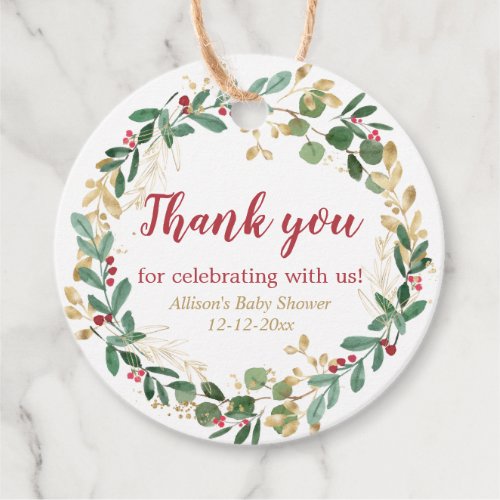 Gold green red holly Christmas wreath baby shower Favor Tags