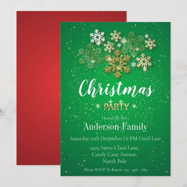 Gold, Green & Red Luxury Style Christmas Party Invitation (Front/Back)
