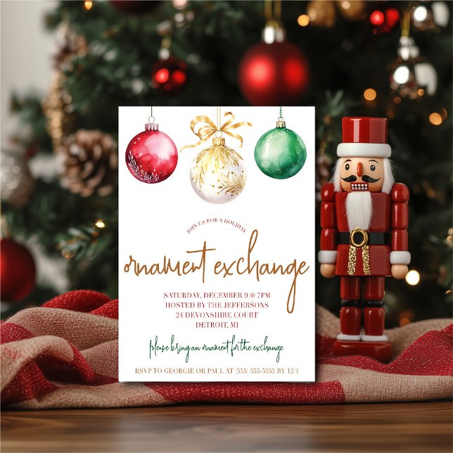 Gold, Green, Red Ornament Exchange Holiday Party Invitation (Creator Uploaded)