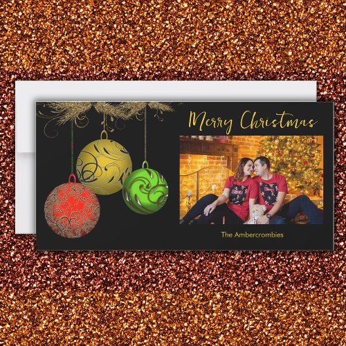 Gold Green Red Ornaments One Photo Christmas Card