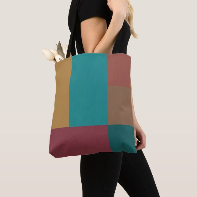 Gold Green Red Rust Turquoise Color Block Tote Bag (Close Up)
