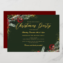 Gold Green Red Sparkle Foliage Christmas Party Foil Invitation