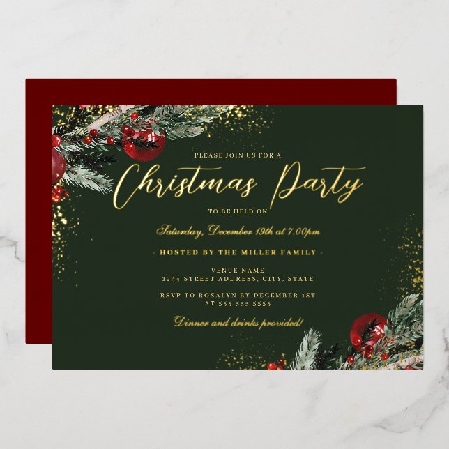 Gold Green Red Sparkle Foliage Christmas Party Foil Invitation (Front/Back)
