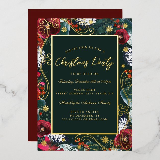 Gold Green Red Swirl Flower Frame Christmas Party Foil Invitation (Front/Back)