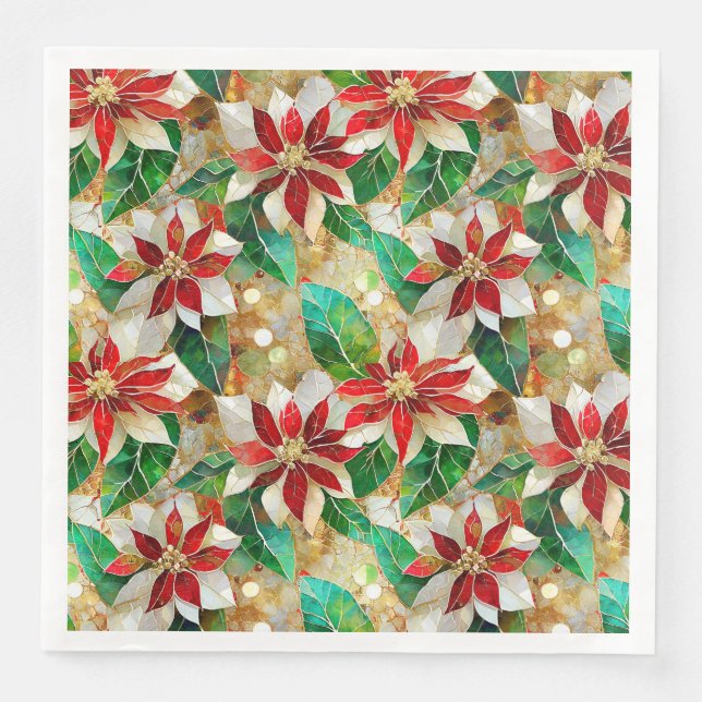 Gold Green Red White Poinsettia  Paper Dinner Napkins (Front)