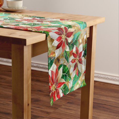 Gold Green Red White Poinsettia  Short Table Runner