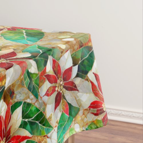Gold Green Red White Poinsettia  Tablecloth