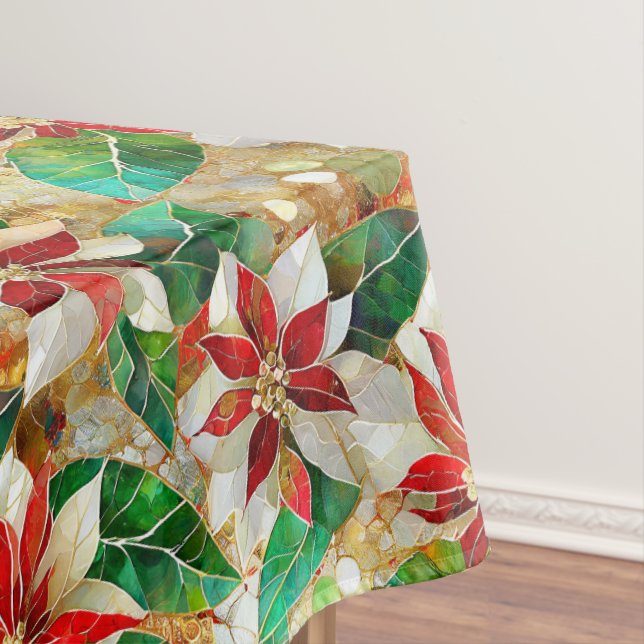 Gold Green Red White Poinsettia  Tablecloth (In Situ)